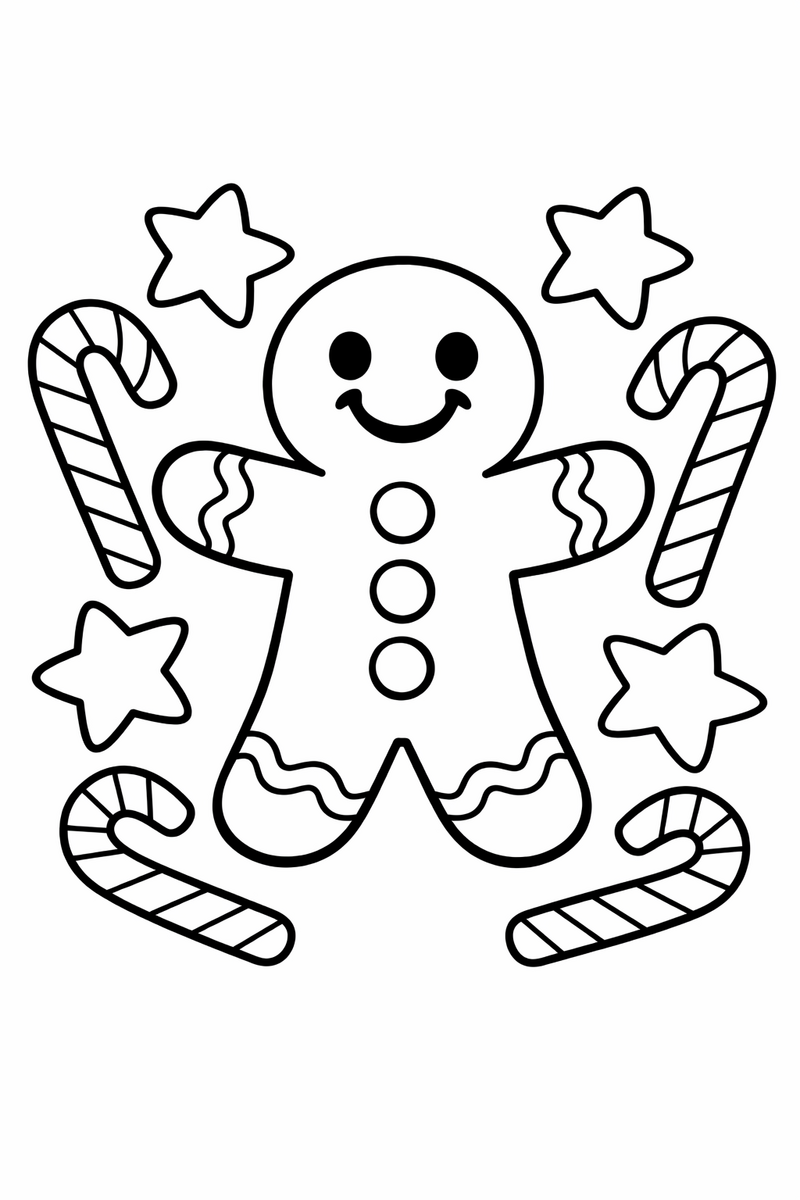 Dibujo de un hombre de jengibre sonriente con glaseado y botones de caramelo, rodeado de bastones y galletas de estrella, para colorear