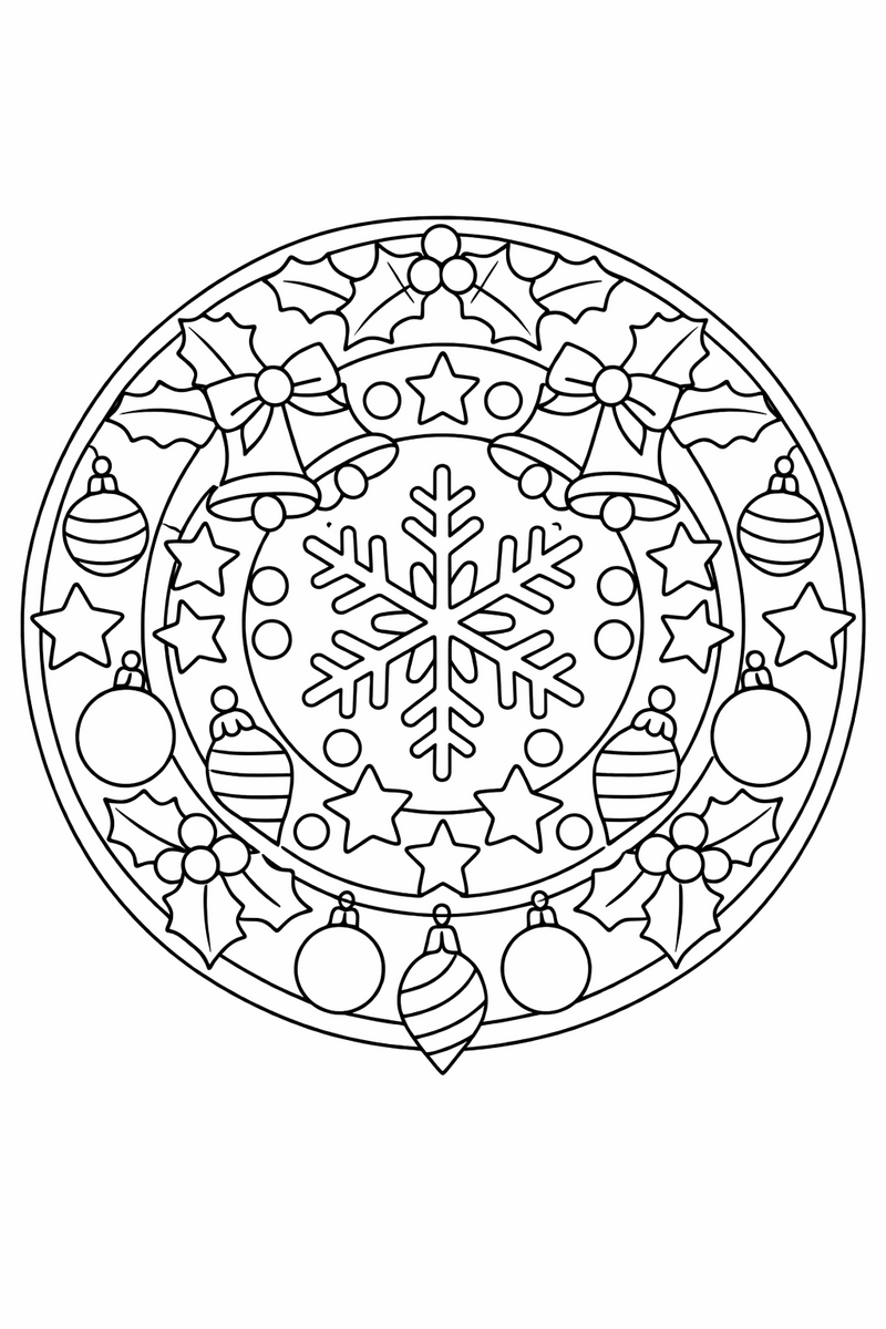 A round Christmas mandala layering rings of holly leaves, bells, stars and tiny ornaments outward from a central snowflake in perfect symmetry coloring page