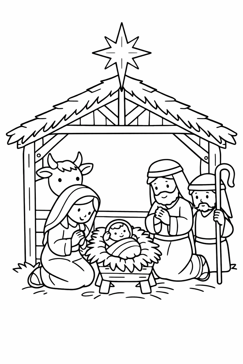 A nativity scene inside a wooden stable with the baby in a manger, two kneeling figures, a shepherd, an ox and a bright star above the roof coloring page