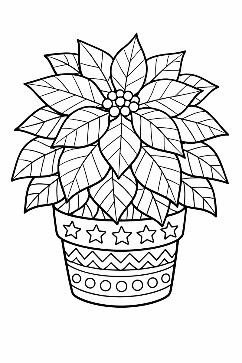 A blooming poinsettia plant with wide pointed star-shaped bracts around clustered center buds and veined leaves in a decorated pot coloring page