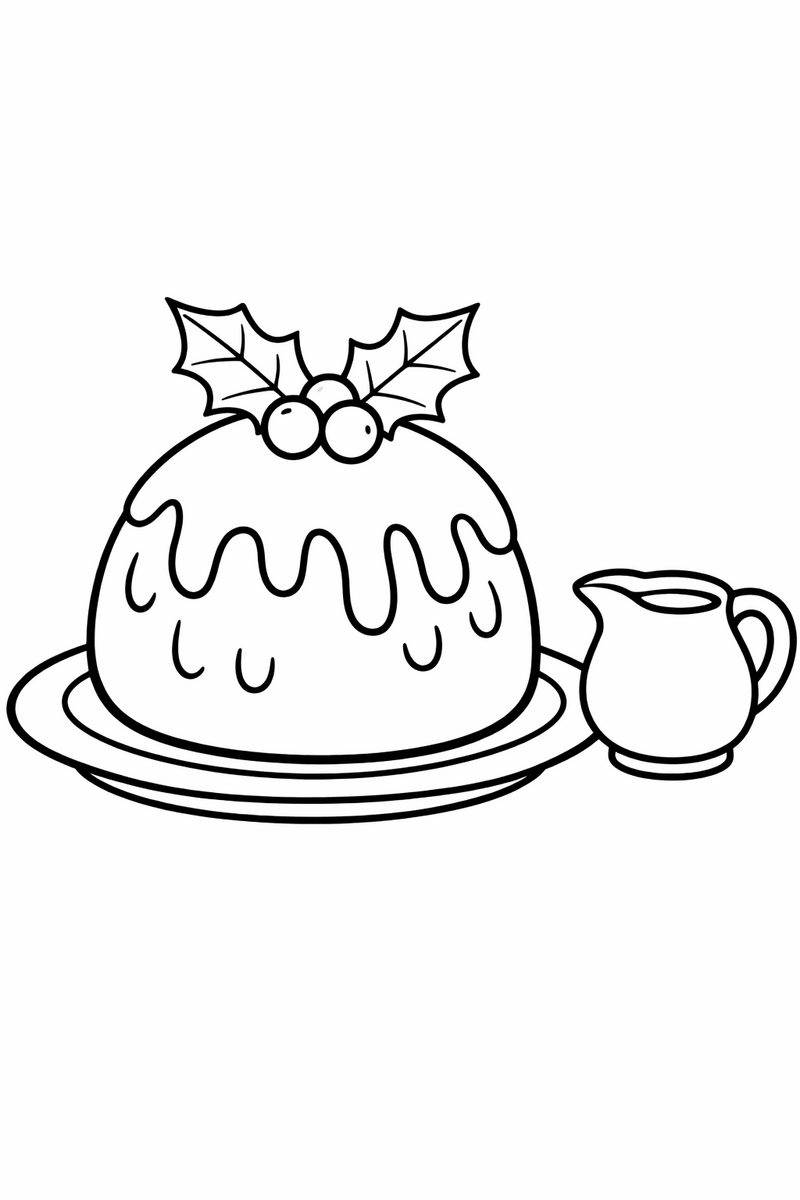 A round steamed Christmas pudding on a plate drizzled with dripping sauce, topped with a sprig of holly and two berries, a little jug of sauce beside it coloring page