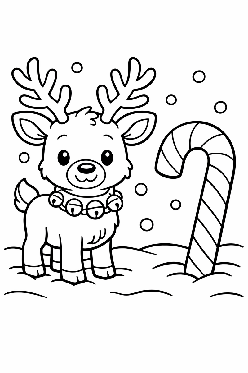 Dibujo de un reno con grandes astas y collar de cascabel, de pie en la nieve junto a un bastón de caramelo, para colorear