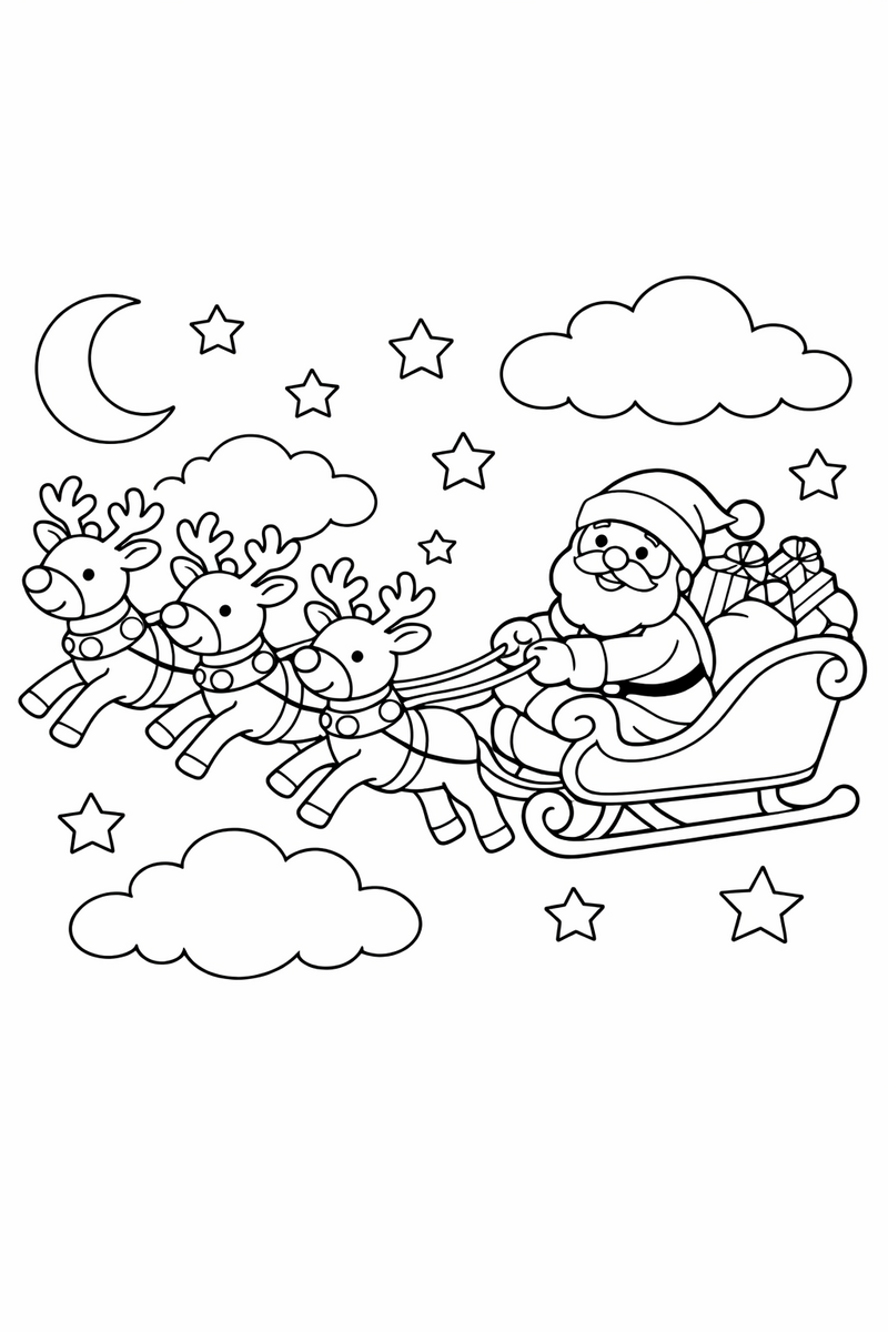 Santa in His Flying Sleigh coloring page