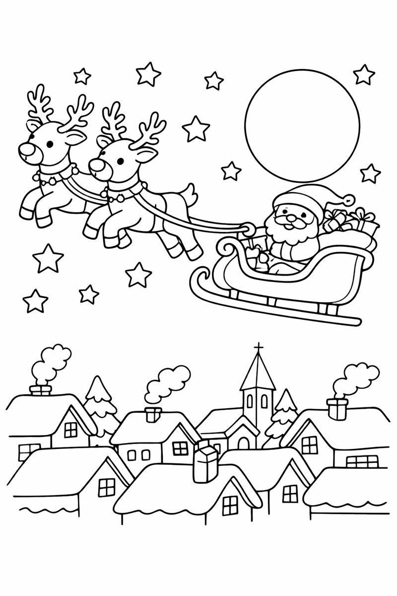 Dibujo del trineo de Papá Noel tirado por dos renos volando sobre tejados nevados bajo la luna y las estrellas, para colorear