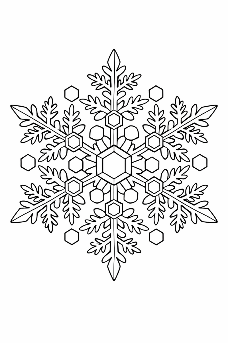 One large six-sided snowflake built from intricate branching arms of crystals, feathery spikes and tiny hexagons in perfect symmetry filling the page coloring page