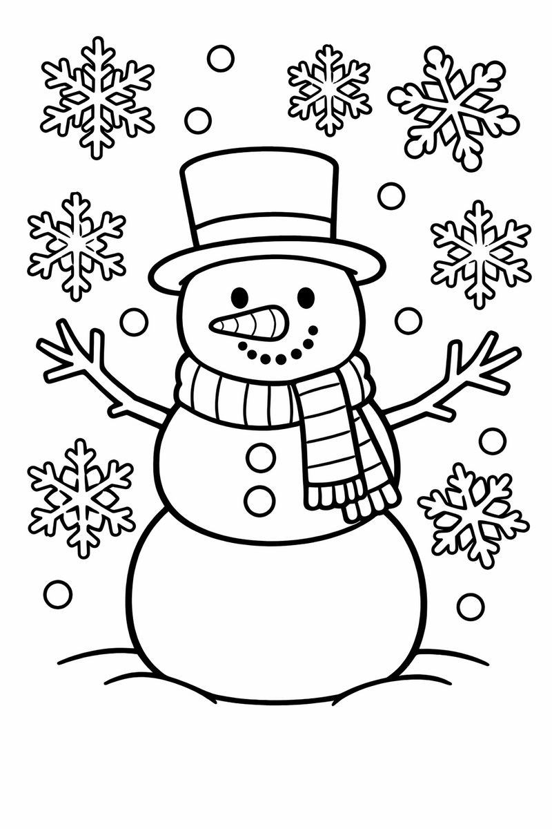 Dibujo de un muñeco de nieve feliz con bufanda de rayas, sombrero y nariz de zanahoria, rodeado de copos de nieve, para colorear