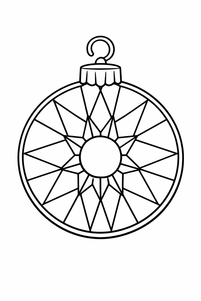 A round hanging ornament divided into many bordered stained-glass panels of triangles and diamonds radiating from a central circle with a cap and hook coloring page