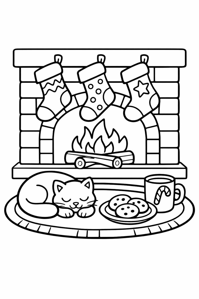 Dibujo de una chimenea acogedora con tres calcetines colgados, un gato dormido en la alfombra y un plato de galletas, para colorear