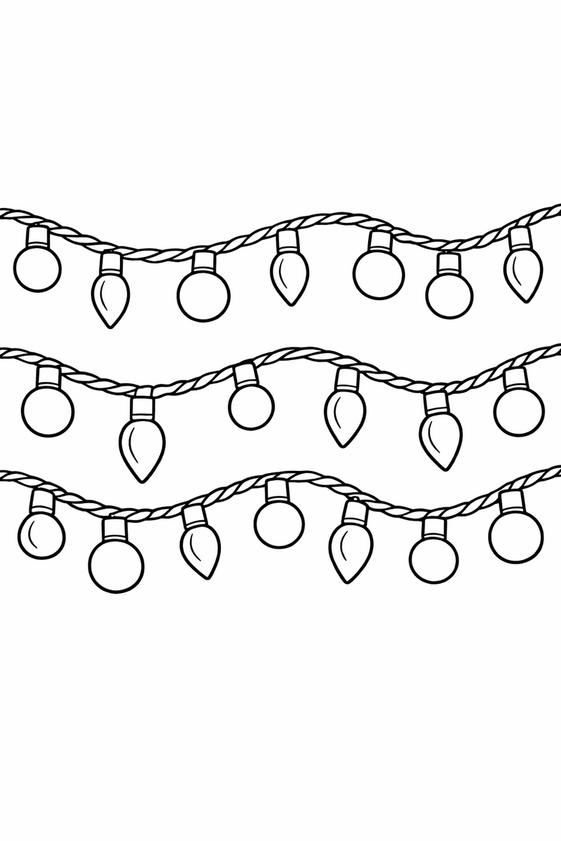 A looping strand of Christmas string lights with alternating round and flame-shaped bulbs of different sizes swagging in gentle curves along a twisted wire coloring page