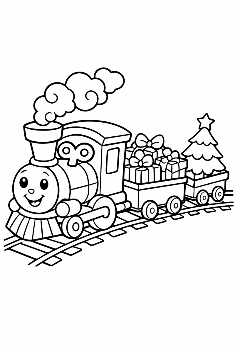 A cheerful wind-up toy train with a rounded engine, a smokestack puffing curls and two cars loaded with wrapped gifts and a small fir tree rolling on a track coloring page
