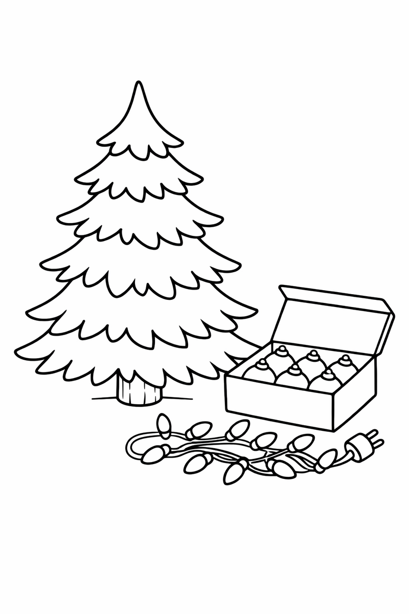 Dibujo de un árbol de Navidad sin decorar, con las ramas vacías junto a una caja abierta de bolas y una tira de luces, listo para que lo decores, para colorear