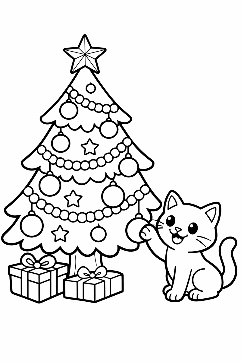 Tree with a Playful Cat coloring page