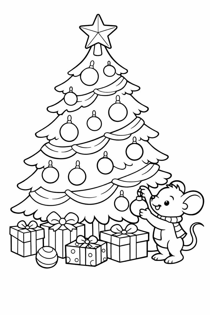 Dibujo de un gran árbol de Navidad decorado con una estrella en la punta, bolas, una guirnalda y regalos envueltos debajo, con un ratoncito colgando una esfera más, para colorear