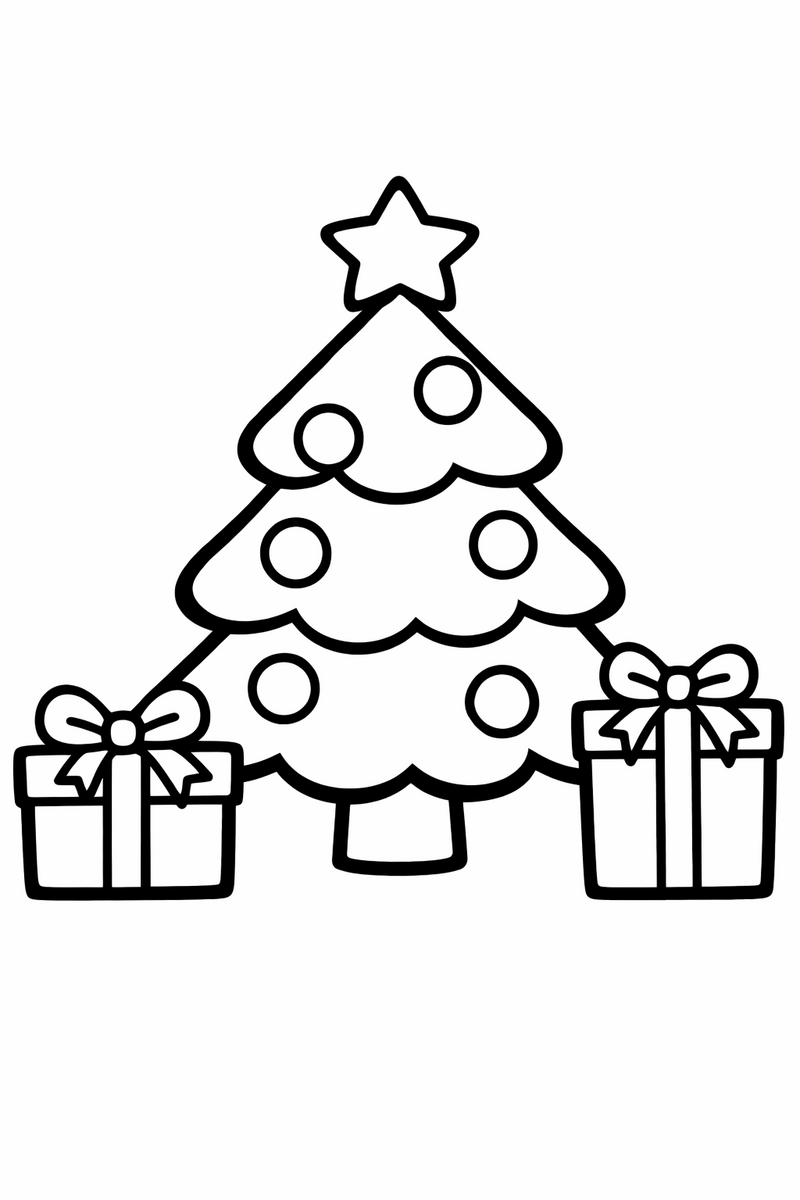 Dibujo muy fácil de un árbol de Navidad regordete con una estrella y dos regalos al lado, con líneas extra gruesas, para los más pequeños