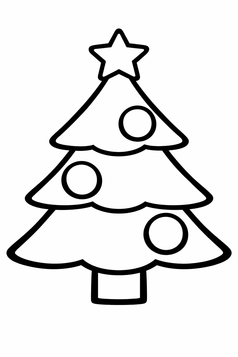 Dibujo muy fácil de un árbol de Navidad con tres bolas y una estrella en la punta, con líneas extra gruesas, para los más pequeños