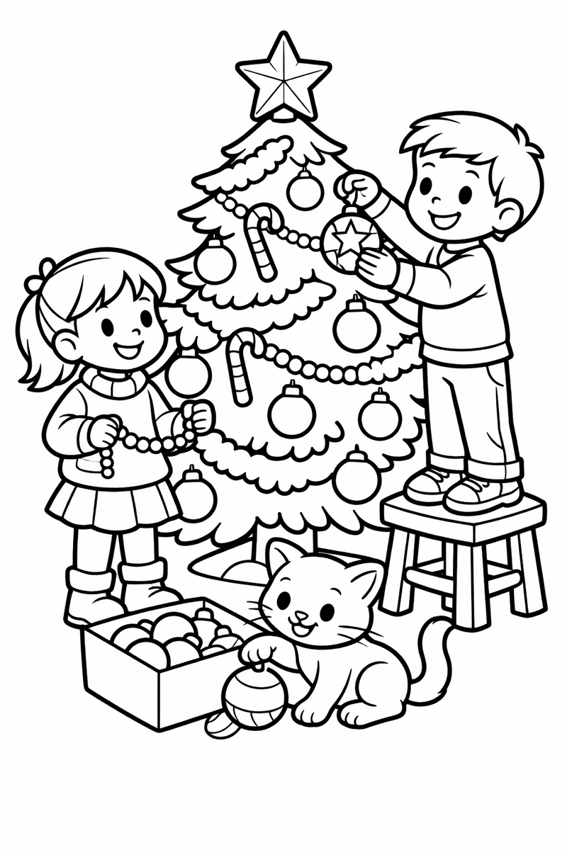 Dibujo de dos niños decorando el árbol de Navidad, uno subido a un banquito colgando una bola mientras un gato juega con una esfera de la caja, para colorear