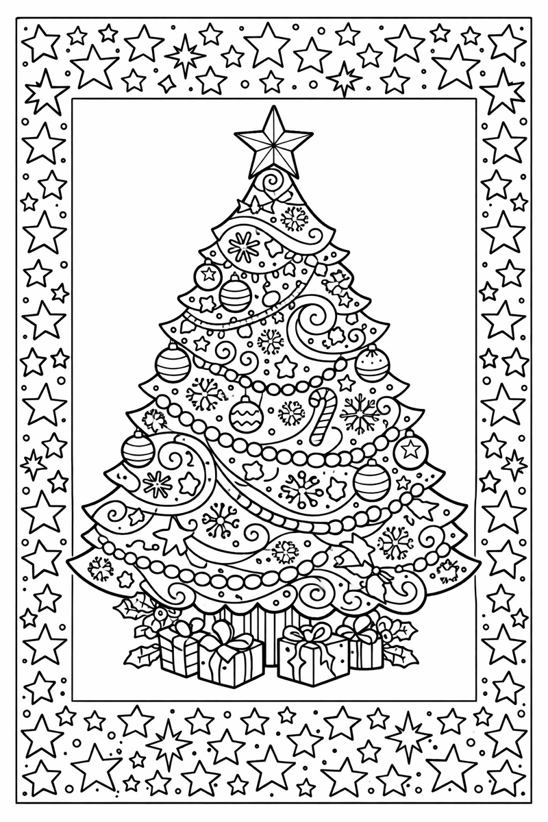 Dibujo de un árbol de Navidad detallado lleno de patrones de espirales, copos de nieve, puntos y adornos diminutos, rodeado de un borde decorado de estrellas que llena la página, para coloristas mayores
