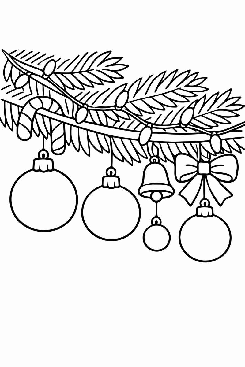 Dibujo en primer plano de una rama de árbol de Navidad con bolas colgantes, un bastón de caramelo, una campanita y un lazo, con una tira de luces entre las ramas, para colorear