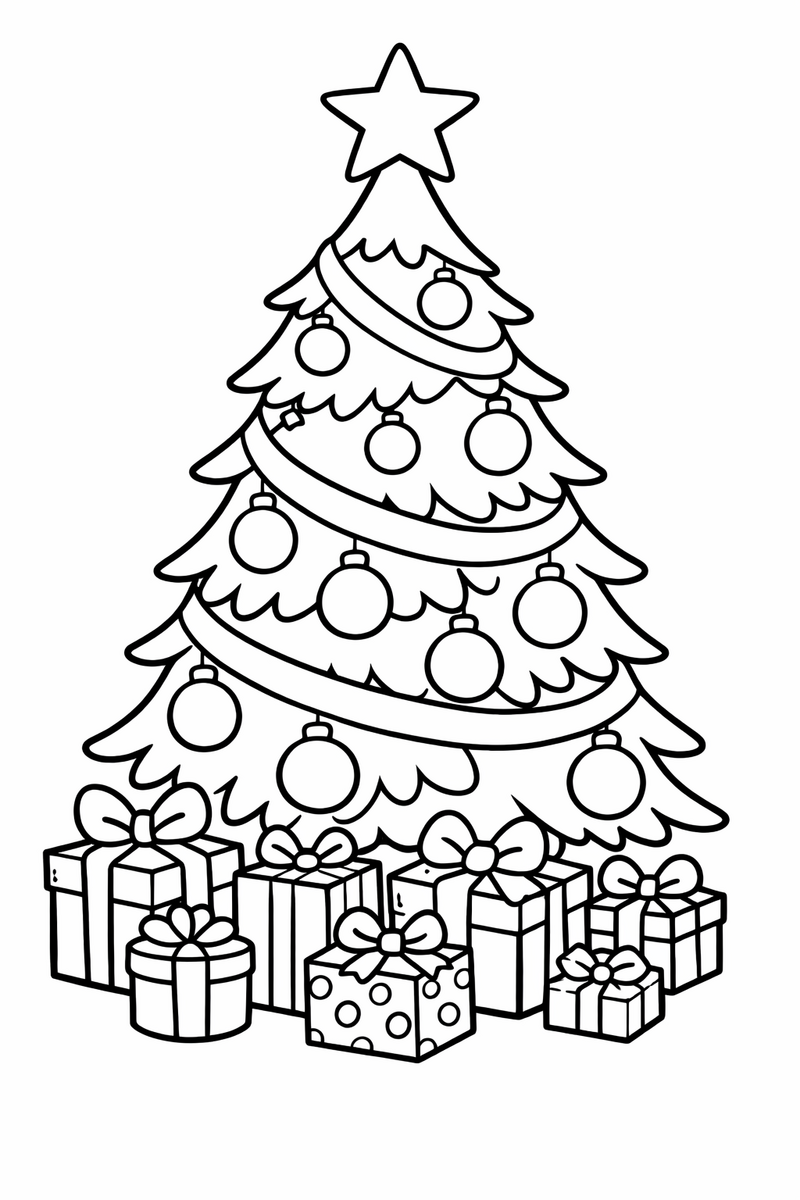 Dibujo de un árbol de Navidad decorado con esferas, lazos y una gran estrella, con regalos envueltos debajo, para colorear