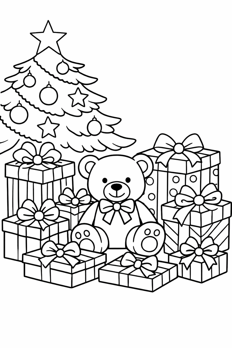 Dibujo de una montaña de regalos con lazos bajo el árbol de Navidad, con un osito de peluche sentado entre las cajas, para colorear