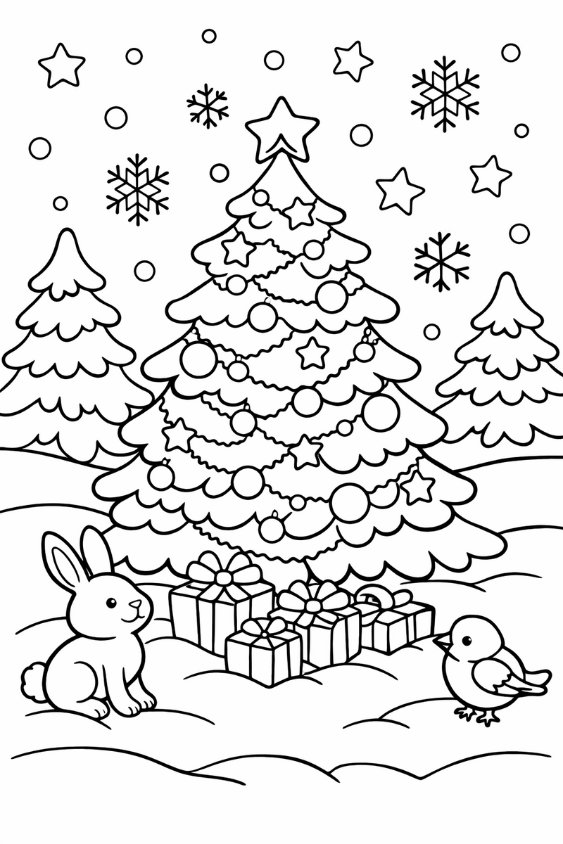 Dibujo de un árbol de Navidad nevado en el bosque de noche con un conejito y un pajarito al lado, copos de nieve cayendo y estrellas en el cielo, para colorear