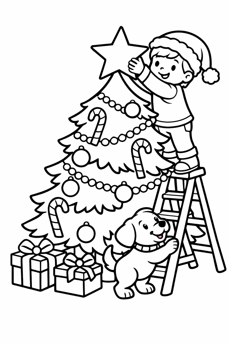 Dibujo de un niño en una escalerita colocando la gran estrella en la punta del árbol de Navidad mientras un perrito sujeta la escalera, para colorear