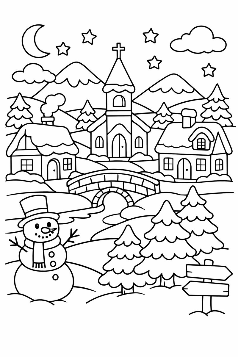 Snowy Winter Village coloring page