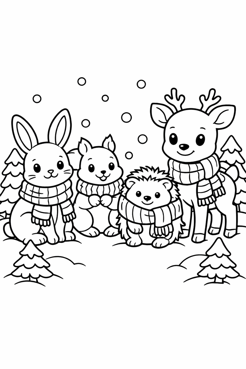 A group of woodland friends, a rabbit, a squirrel, a hedgehog and a deer, each bundled in a cozy knitted scarf gathered together in a snowy clearing among pine saplings coloring page
