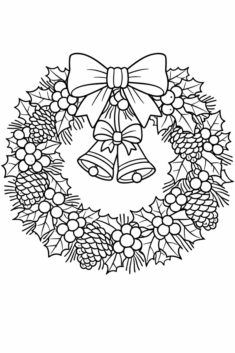 Dibujo de una corona de Navidad detallada con hojas de acebo, bayas, piñas, campanas y lazos, para coloristas mayores