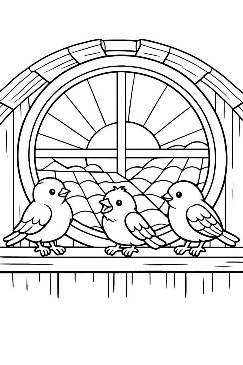Three small songbirds perched on the sill of a round attic window at dawn as light streams in over the roof tiles coloring page