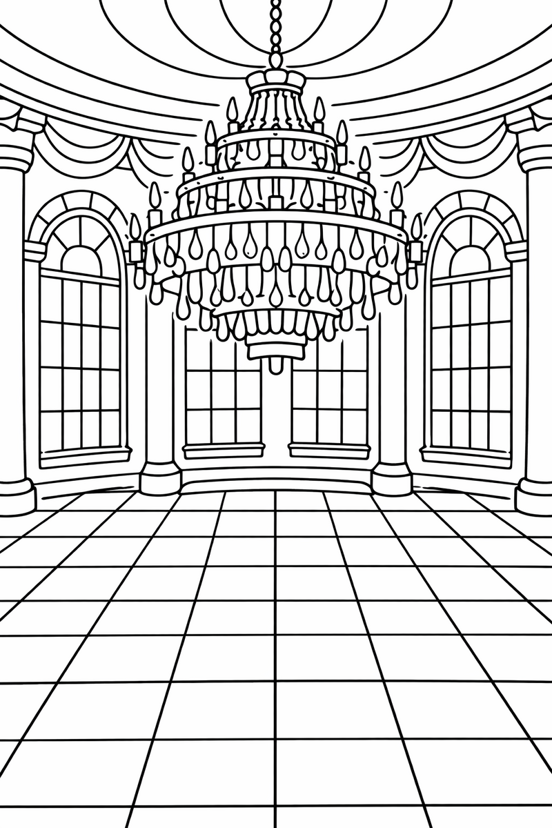 A grand ballroom interior with a sparkling tiered chandelier, tall arched windows and a polished checkered floor coloring page