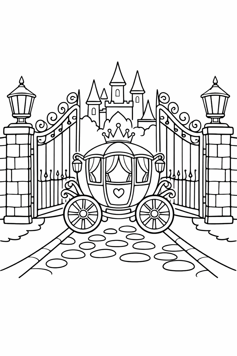 An ornate round coach arriving at tall iron palace gates flanked by lanterns as they swing open in welcome coloring page