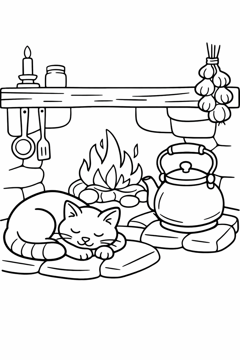 A sleepy house cat curled up on the warm hearthstones beside glowing embers and an iron kettle in a cottage kitchen coloring page