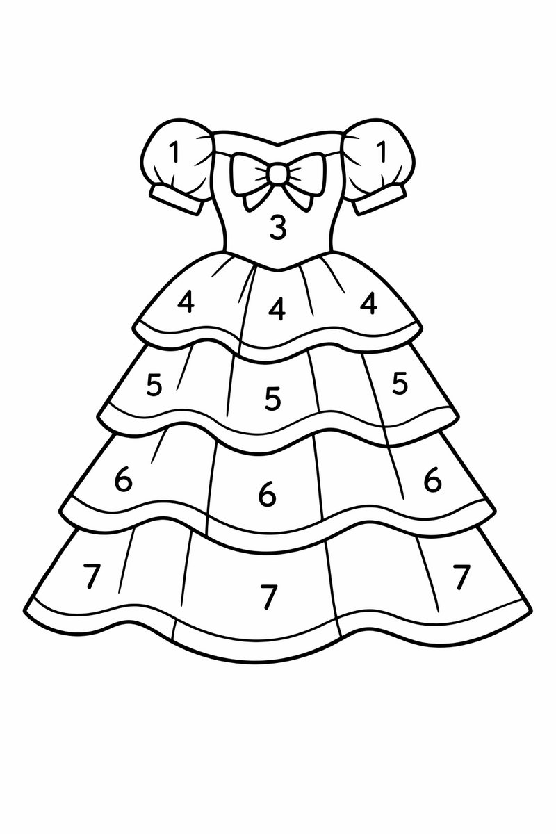 A layered ball gown divided into small numbered sections ready to fill in as a color by number puzzle coloring page