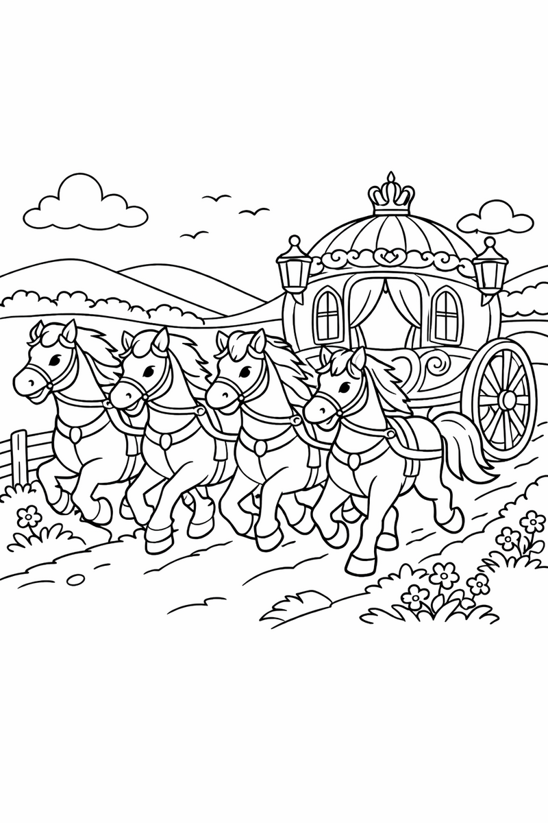 A team of four spirited horses galloping as they pull an ornate round carriage along a country lane coloring page