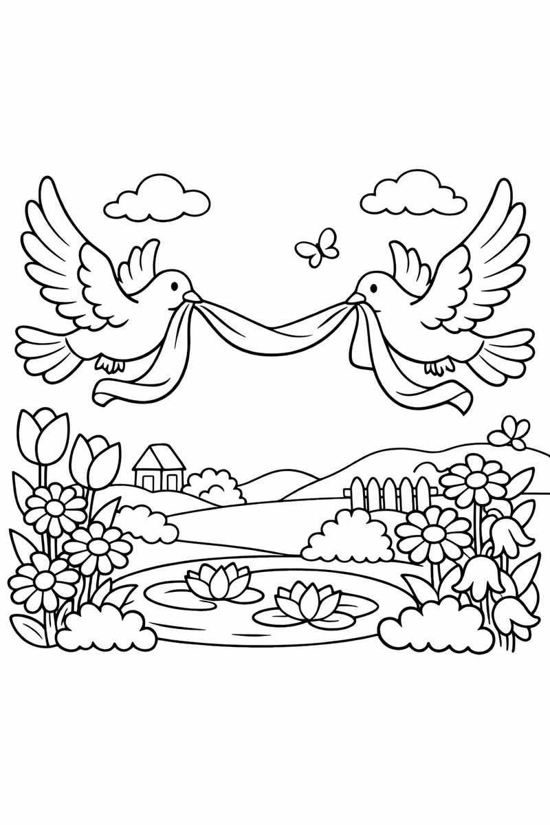 Two gentle doves in flight carrying a long looping ribbon sash together in their beaks over a garden coloring page
