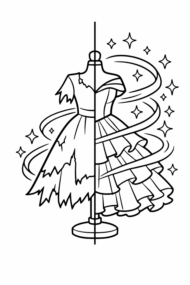A plain ragged dress on a form transforming into a shimmering layered ball gown wrapped in swirling sparkles coloring page
