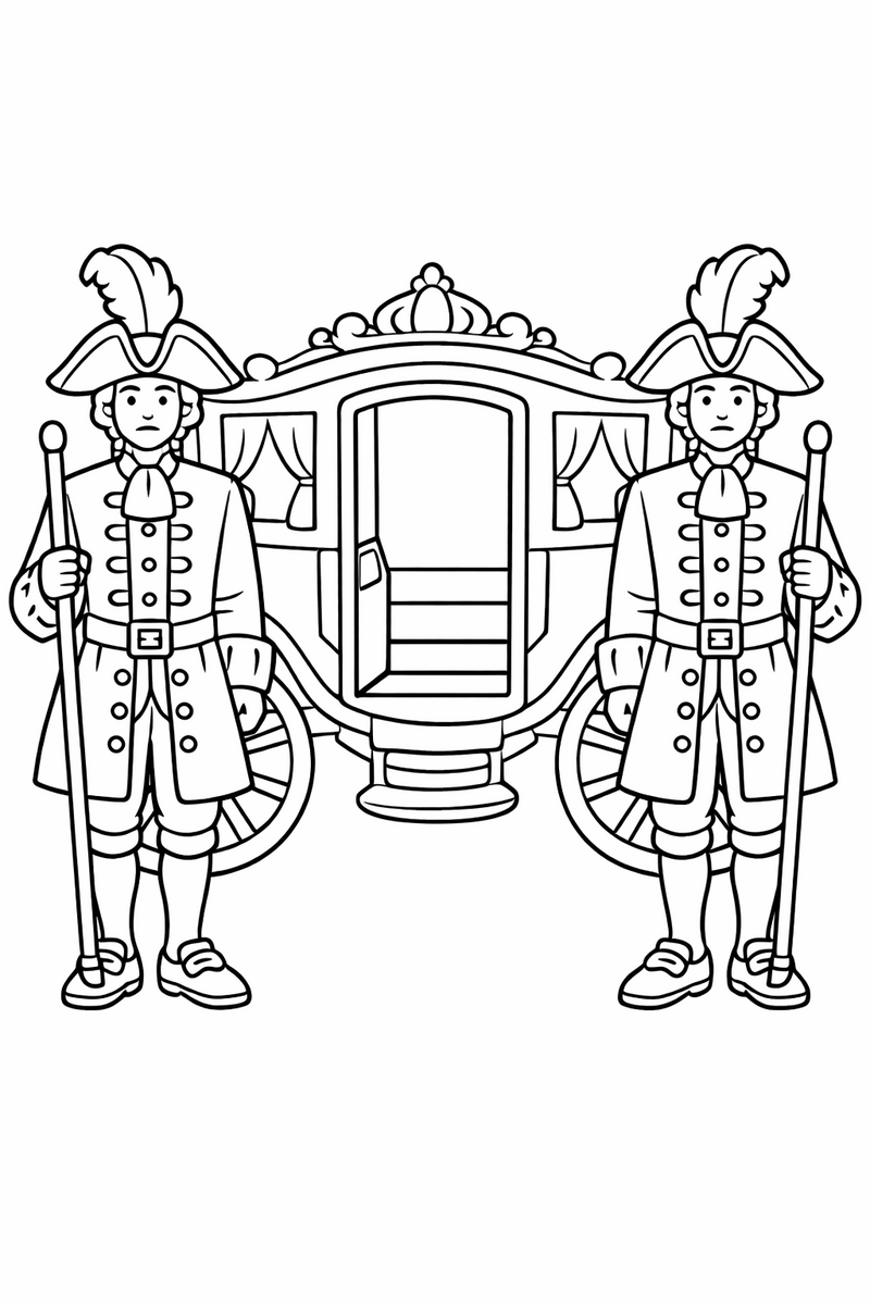 Two tall footmen in fancy livery with buttoned coats and plumed hats standing at attention beside the carriage door coloring page