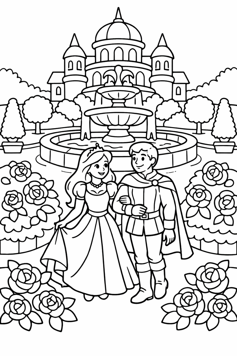 A maiden and a prince strolling arm in arm past a tiered palace garden fountain edged with roses and topiaries coloring page