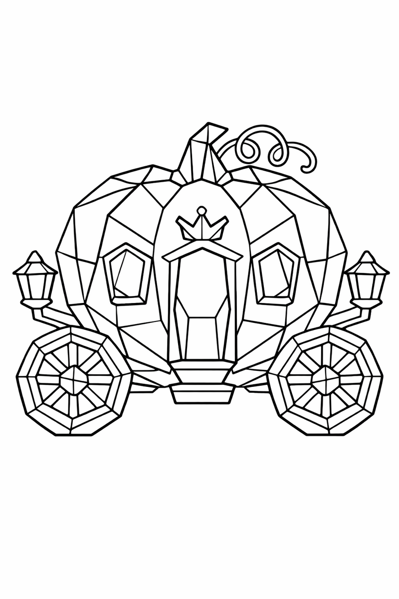 A pumpkin coach built from clean low poly geometric facets and straight edges in a modern angular style coloring page