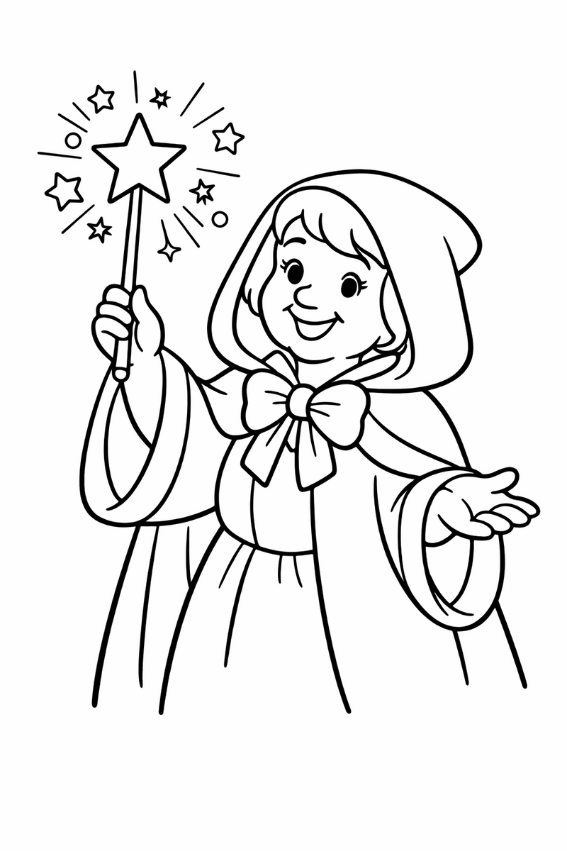A kindly fairy godmother in a hooded cloak smiling as she raises a star-tipped wand that sparkles coloring page