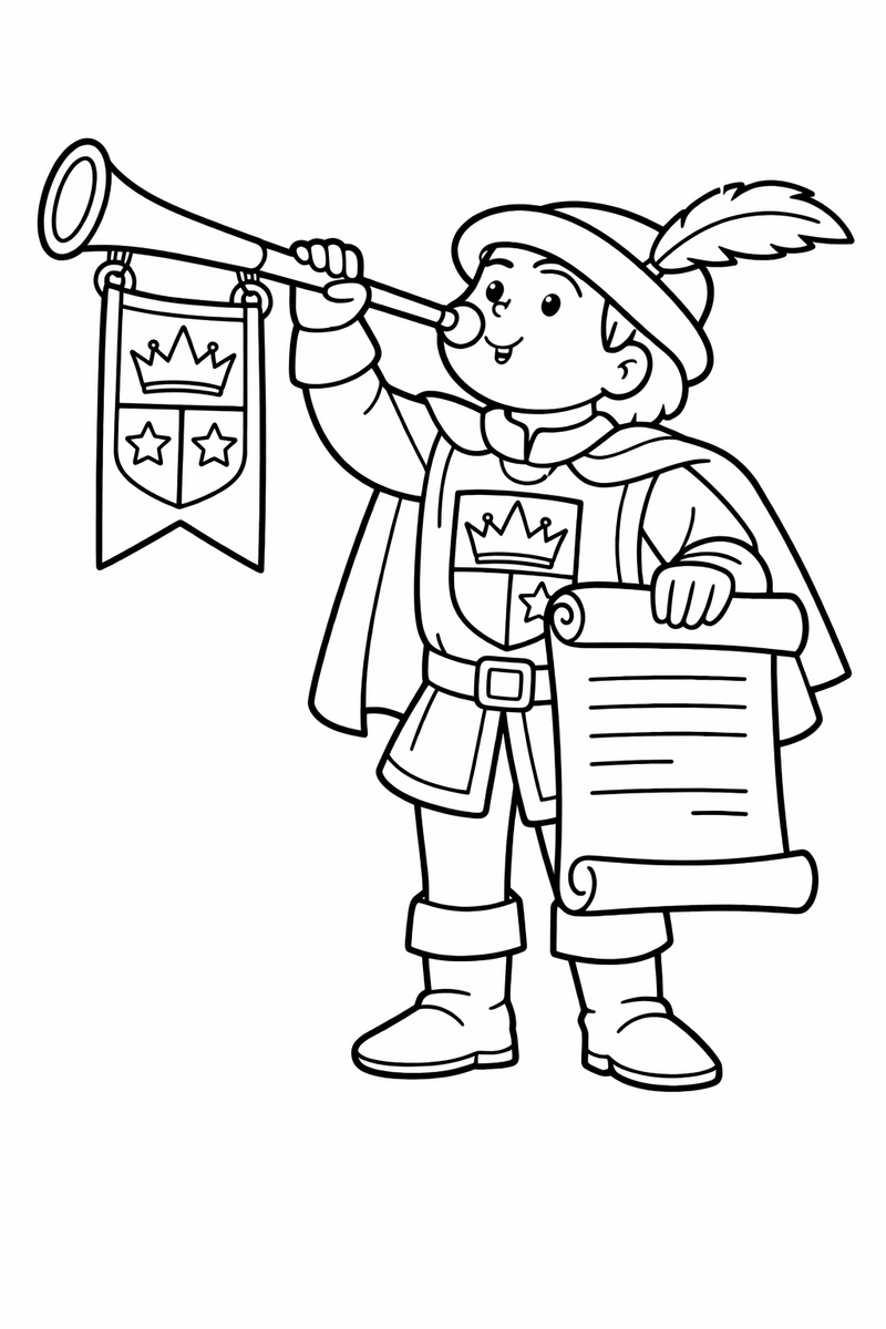 A royal herald in a tabard blowing a long banner-hung trumpet while holding an unrolled proclamation scroll coloring page