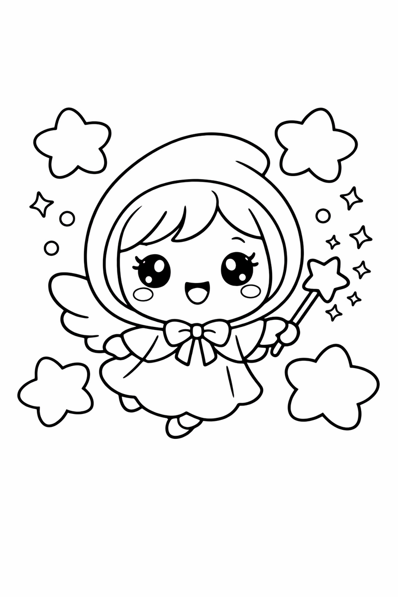 A tiny chibi fairy godmother with a big round head, twinkly eyes and a little wand floating among puffy stars kawaii style coloring page