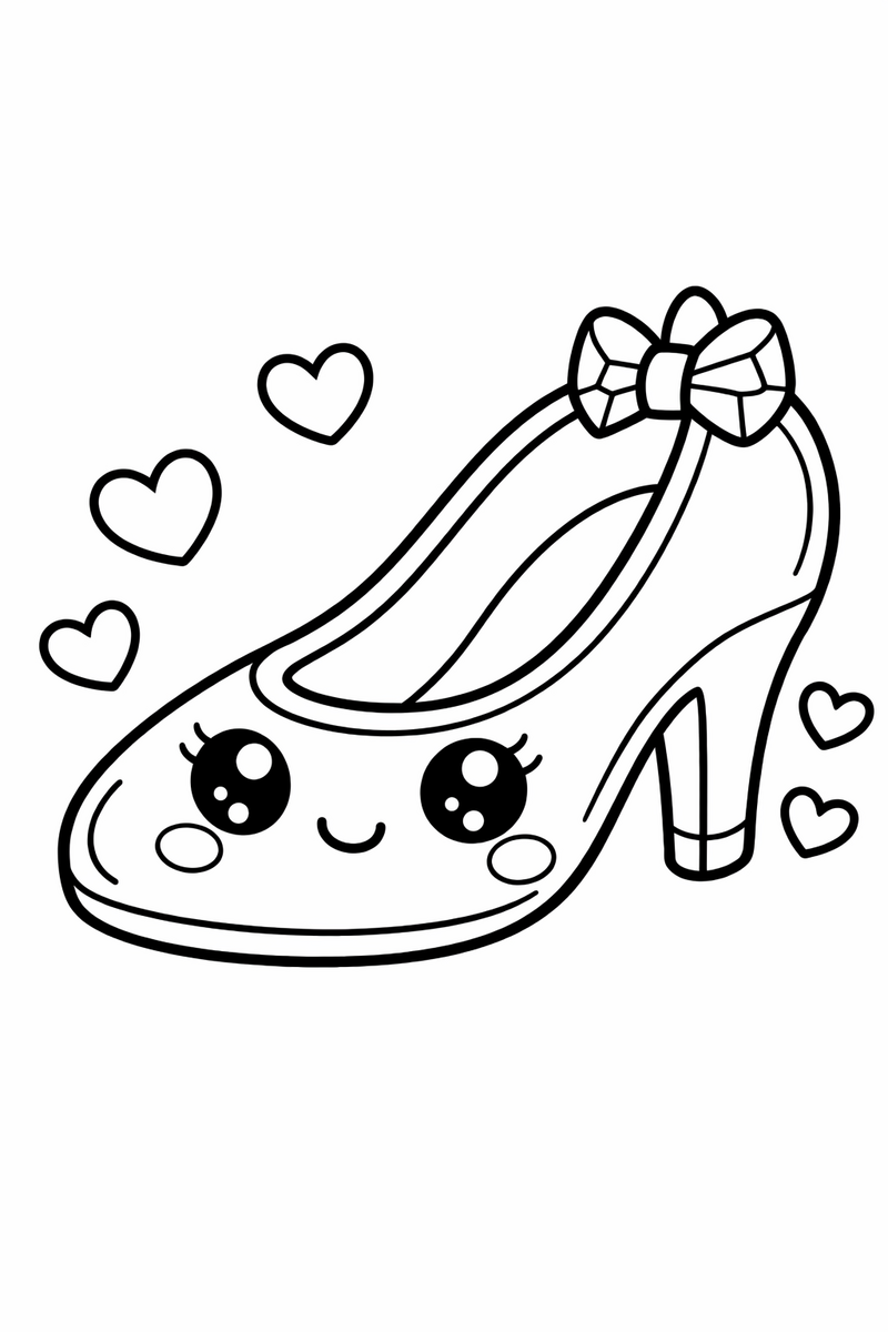 A cute chubby glass slipper with big sparkly eyes, rosy cheeks and a tiny smile surrounded by little hearts kawaii style coloring page