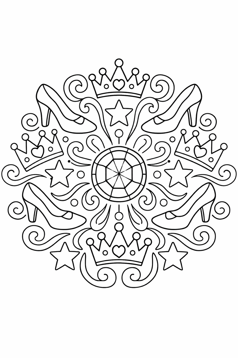 A round symmetrical mandala built from repeating glass slippers, crowns, stars and swirls radiating from a center gem coloring page
