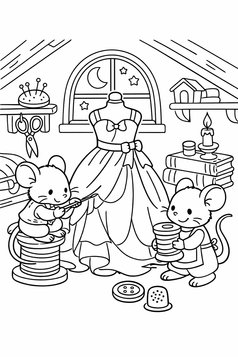 Two little mice tailors stitching a ball gown with a needle, thread spool and thimble in a storybook attic coloring page