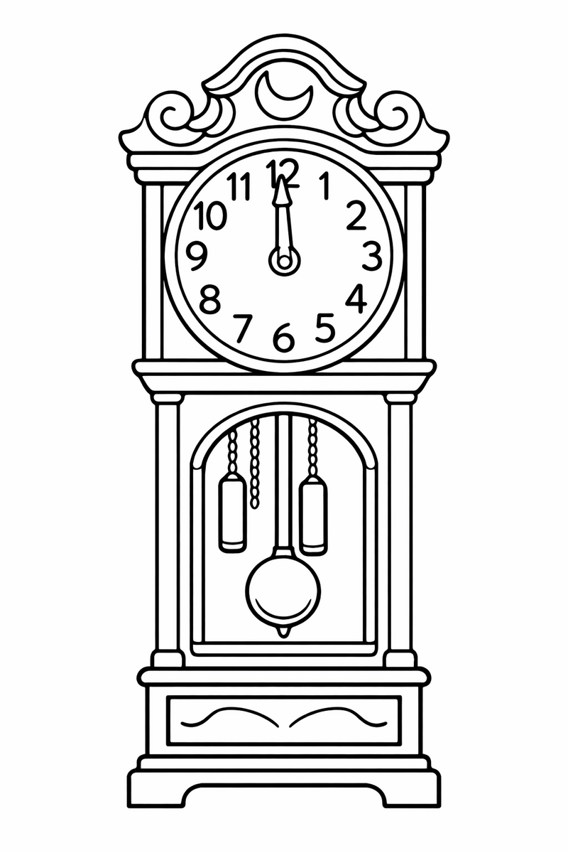 A tall grandfather clock with an ornate face striking twelve, both hands pointing straight up at midnight coloring page