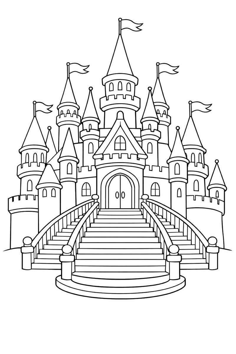 A grand fairy tale palace with pointed towers, waving flags and a long sweeping staircase rising to its doors coloring page
