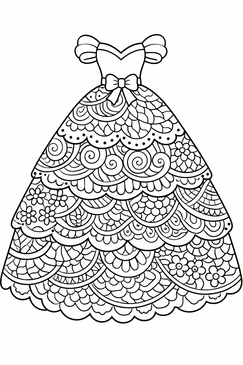An elaborate ball gown whose skirt is filled with intricate zentangle patterns of scallops, swirls and tiny flowers coloring page