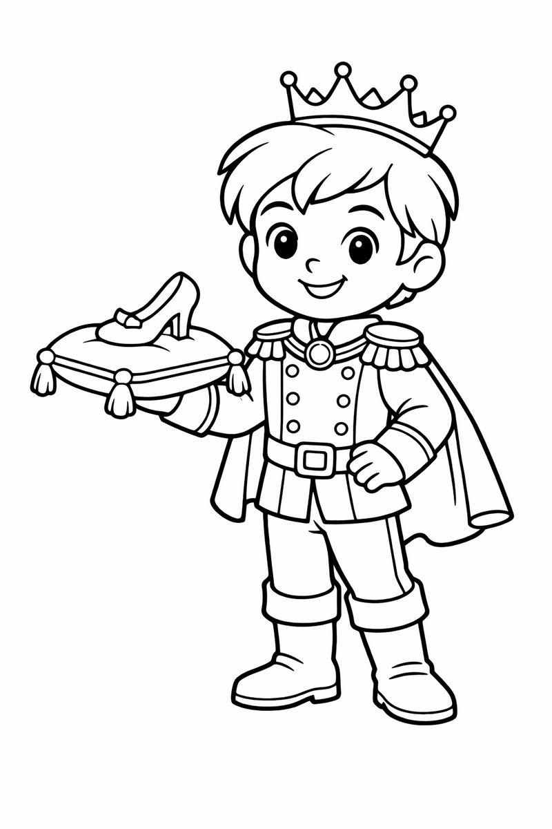 A young prince in a royal coat and short cape holding out a single glass slipper on a small velvet cushion coloring page